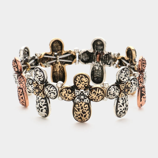 Metal Filigree Cross Link Stretch Bracelet Religious Fashion Jewelry for Women