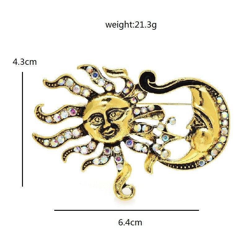 Vintage Gold Tone Sun Moon Rhinestone Brooch Pin Celestial Zodiac Jewelry Gift
