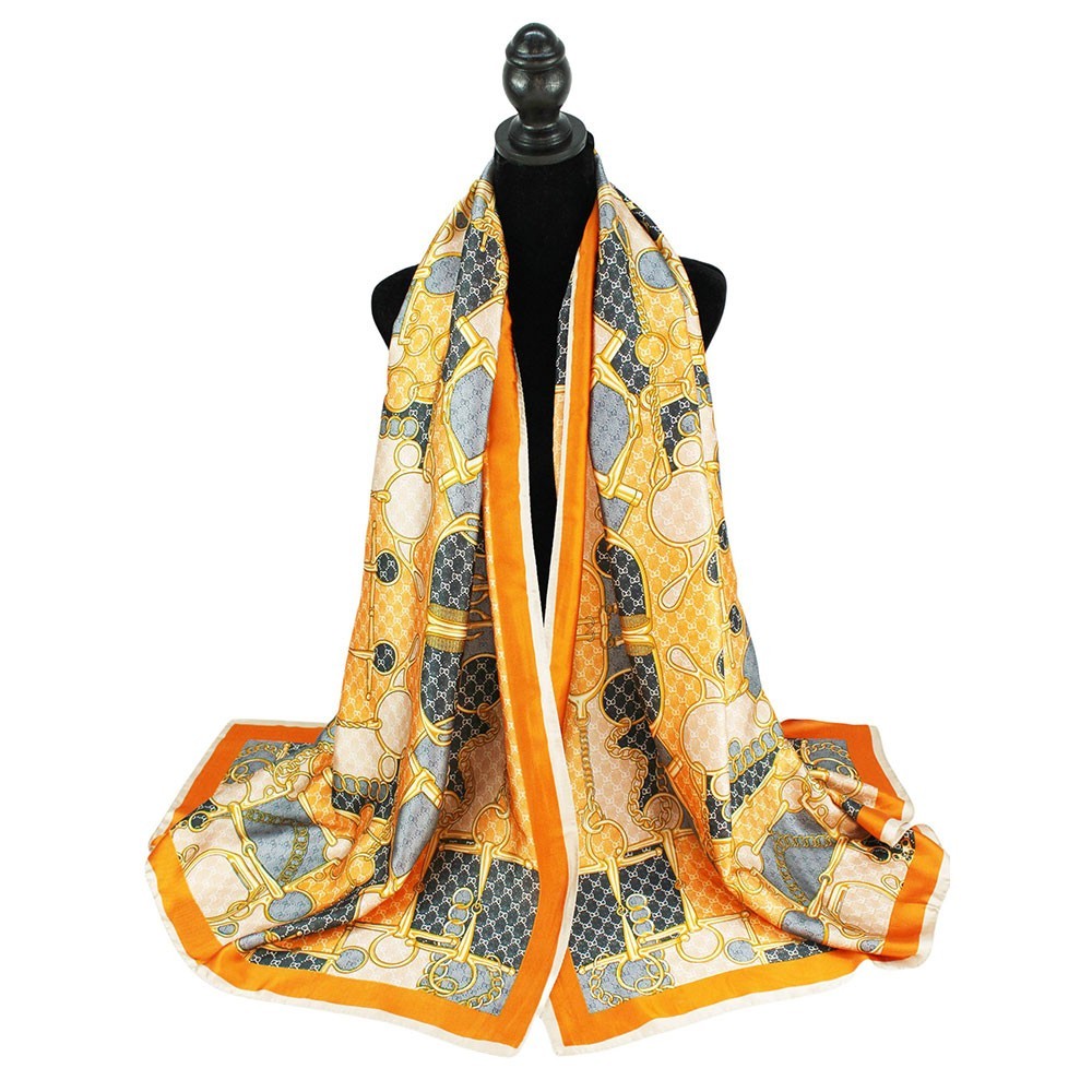 Women’s Abstract Print Orange Silky Satin Oblong Scarf Shawl Wrap 35 x 78 Inches