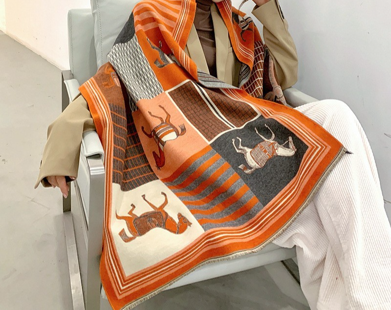 Oversized Orange Grey Horse Print Shawl Wrap Cashmere Feel Scarf Equestrian Chic