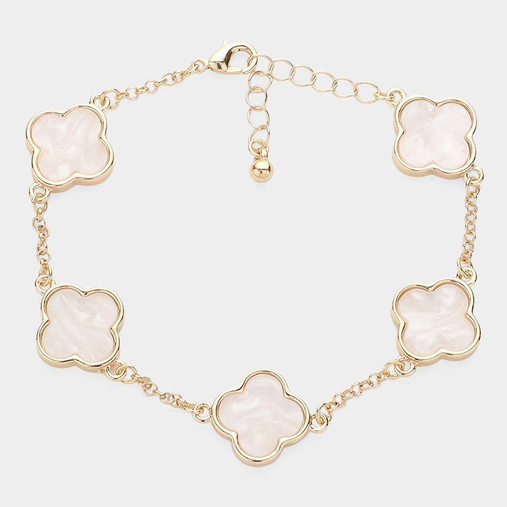 White Mother of Pearl Quatrefoil Station Bracelet for Women Gold Tone Chain