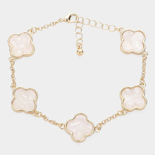 White Mother of Pearl Quatrefoil Station Bracelet for Women Gold Tone Chain