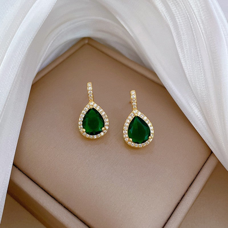 Gold Plated Stainless Steel Green Teardrop Zircon Necklace Earring Set for Women