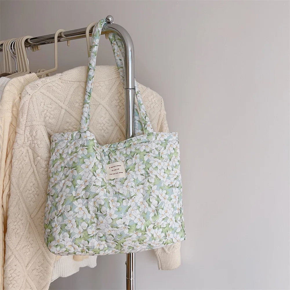 Cotton Floral Tote Bag Women Handbag Trendy Chic Quilted Padded Shoulder Bag