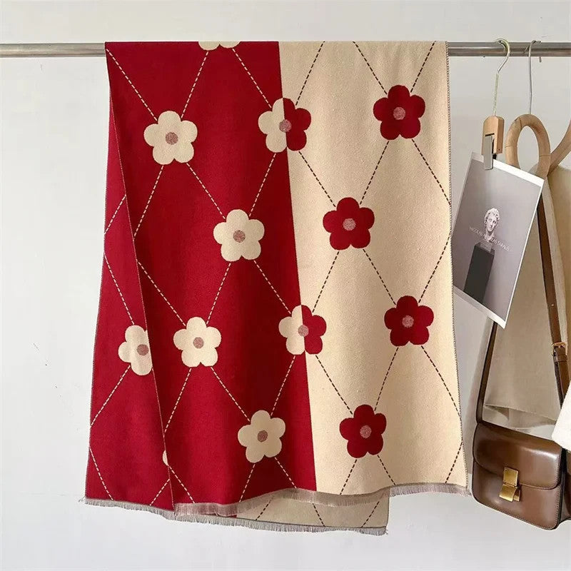 Cashmere Feel Scarf Red & Beige Floral Daisy Print Oversized Winter Wrap Shawl