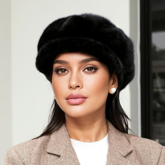 Faux Fur Beret Newsboy Hat Black Winter Cap Visor Cabbie Fashion Warm