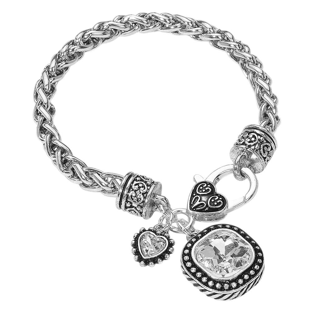 Womens Antique Silver Braided Chain Square CZ Heart Charm Bracelet Lobster Clasp