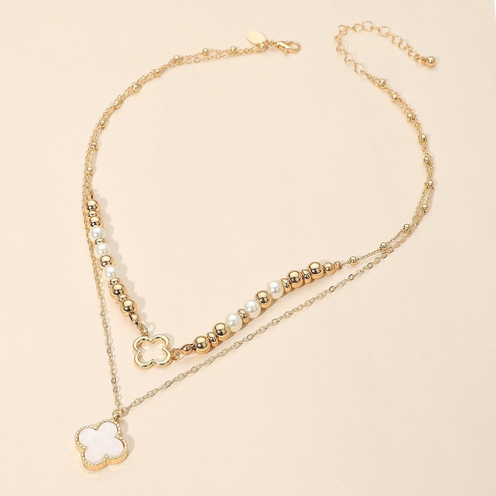 Gold Tone Layered Faux Pearl and White Clover Pendant Necklace Fashion Jewelry