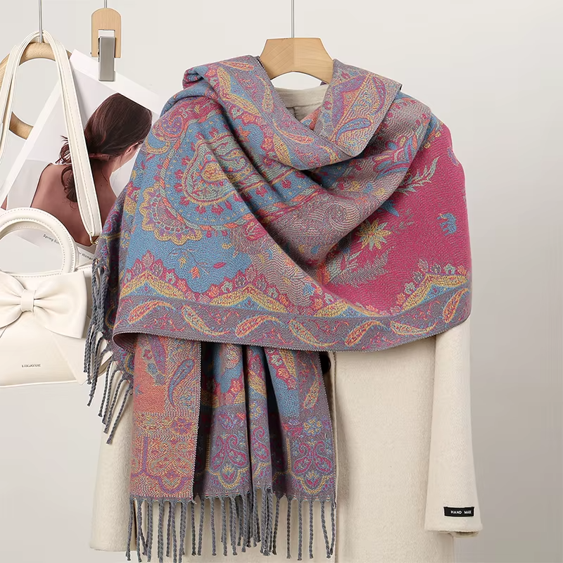 2PCs Luxury Reversible Paisley Pashmina Scarf Shawl Set Gift Women Winter Wrap