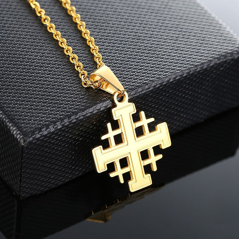 Stainless Steel Knights Templar Cross Pendant Necklace Gold Tone Christian Faith