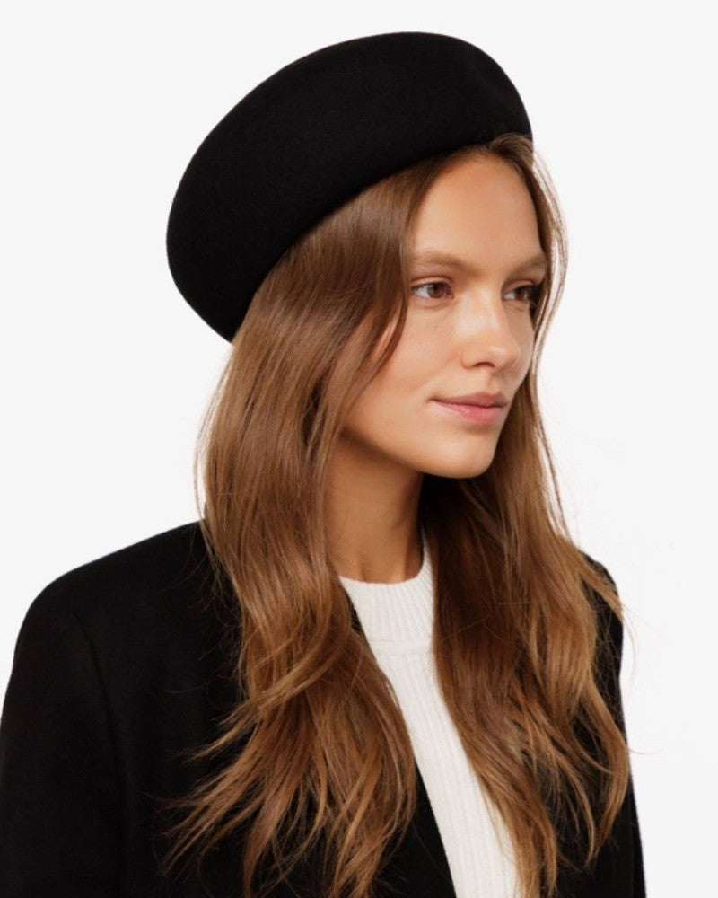 Vintage Wool Felt Pillbox Beret Hat French Style Satin Lined Black Winter Cap