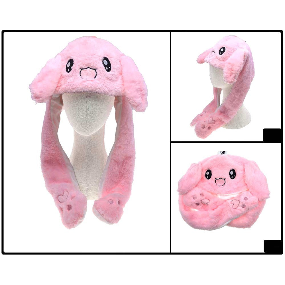 One Size Soft Plush Bunny Ear Flaps & Dangling Paws Winter Hat for Women Pink
