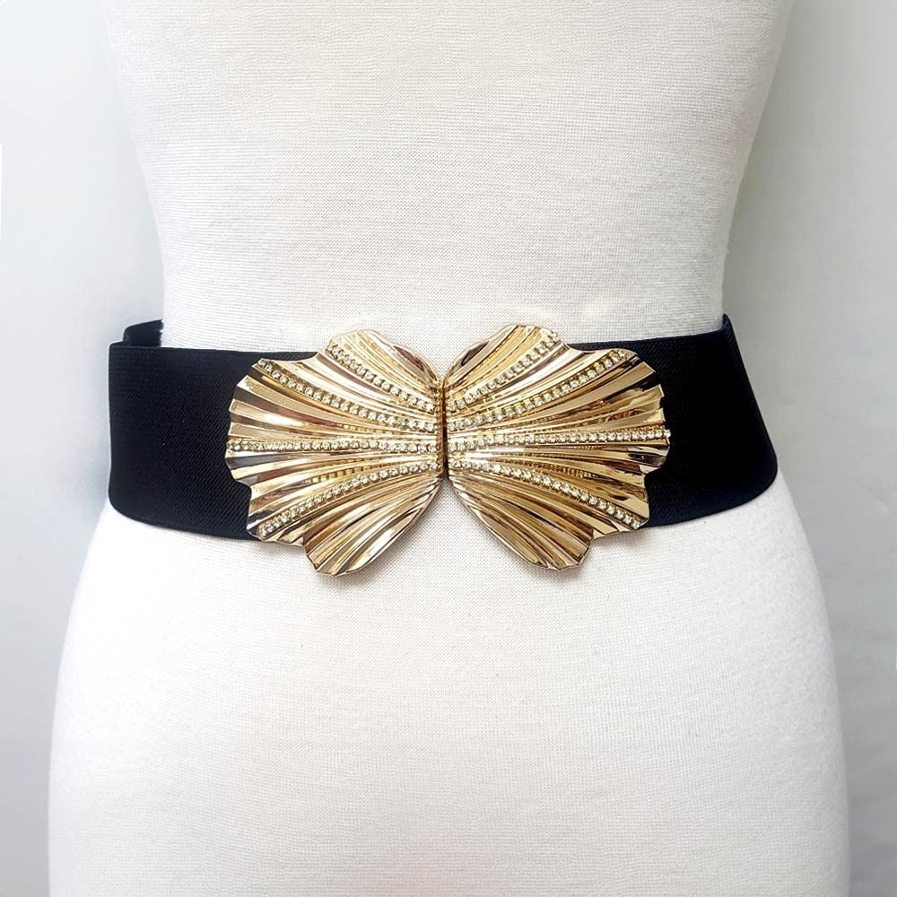 Gold Shell Buckle Elastic Waist Belt Rhinestone Accents Black Cinch High Waist