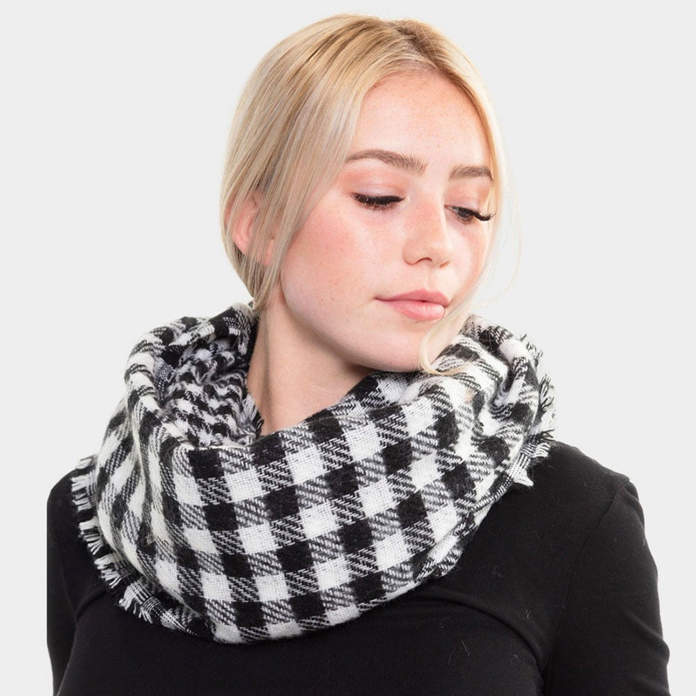 Buffalo Plaid Winter Warm Infinity Scarf for Women Neck Warmer Black & White