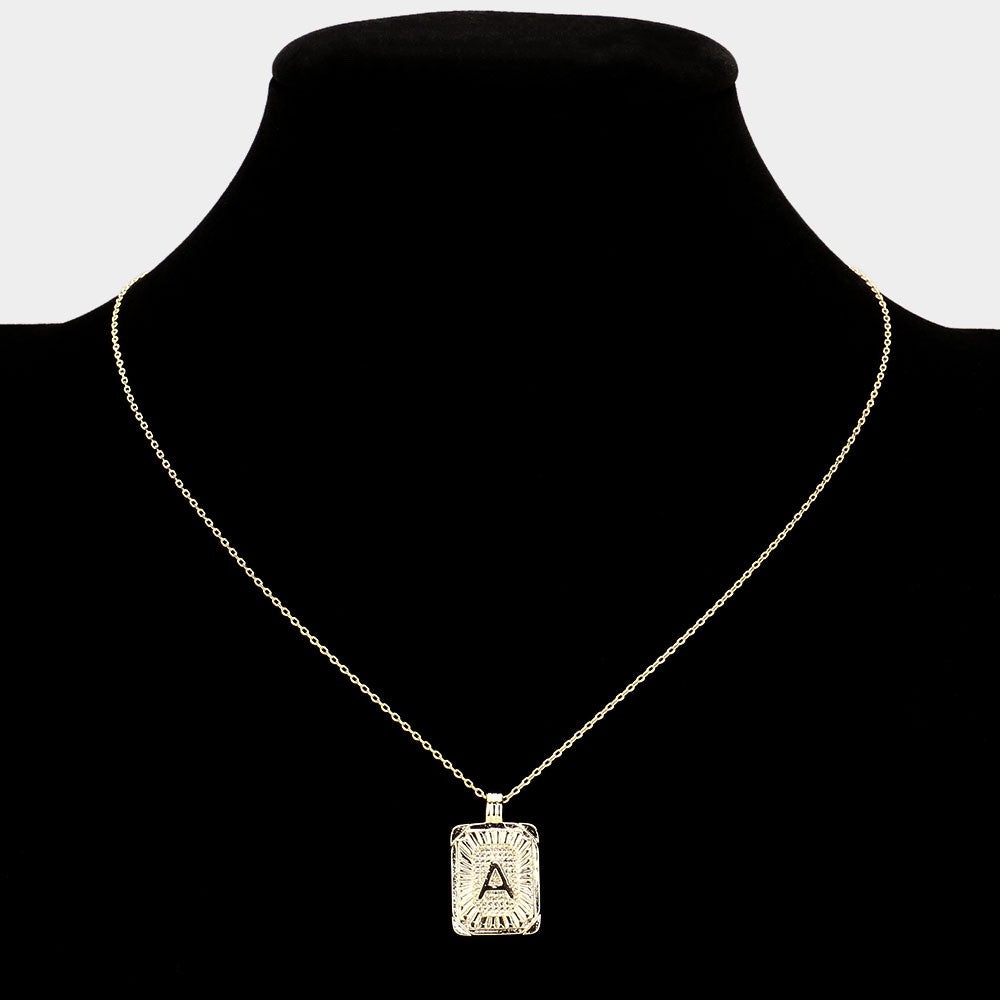 Gold Initial "A" Rectangular Sunburst Pendant Necklace - Brass Fashion Jewelry