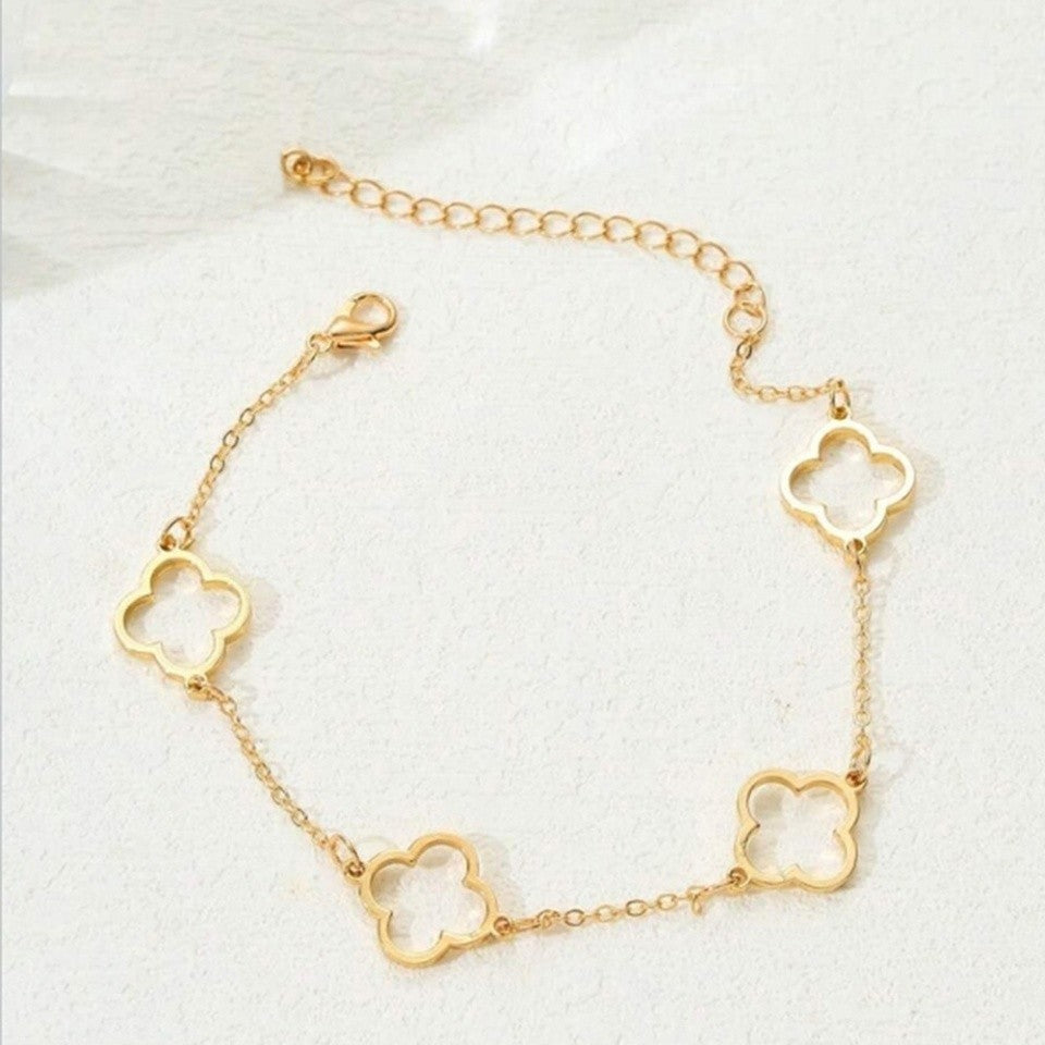 Dainty Four Leaf Clover Bracelet Set - Gold & Silver Tone Adjustable Lucky Charm