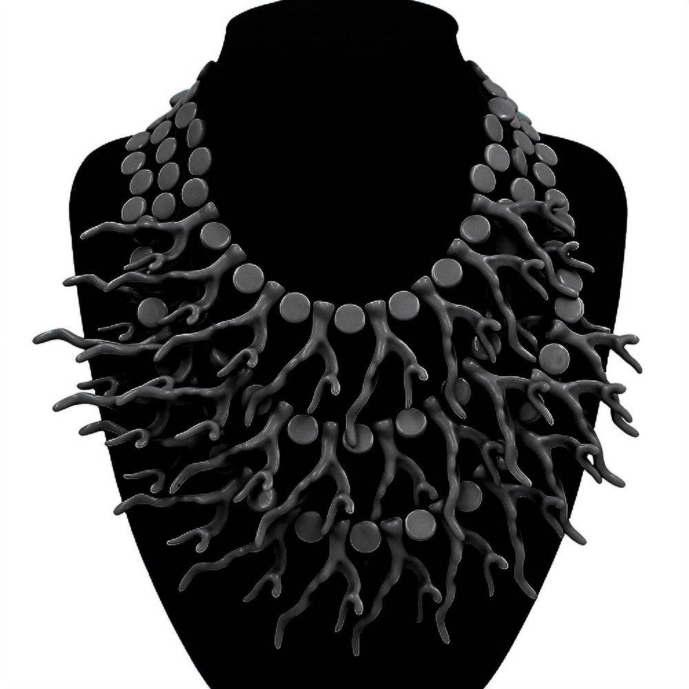 Bold Black Branch Coral Statement Bib Necklace with Gold-Tone Adjustable Clasp