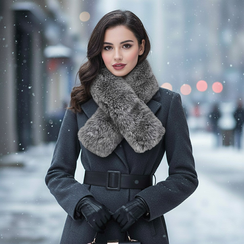 Luxury Grayn Black Faux Fur Scarf Collar Stole Winter Wrap Women's Fashion Chic