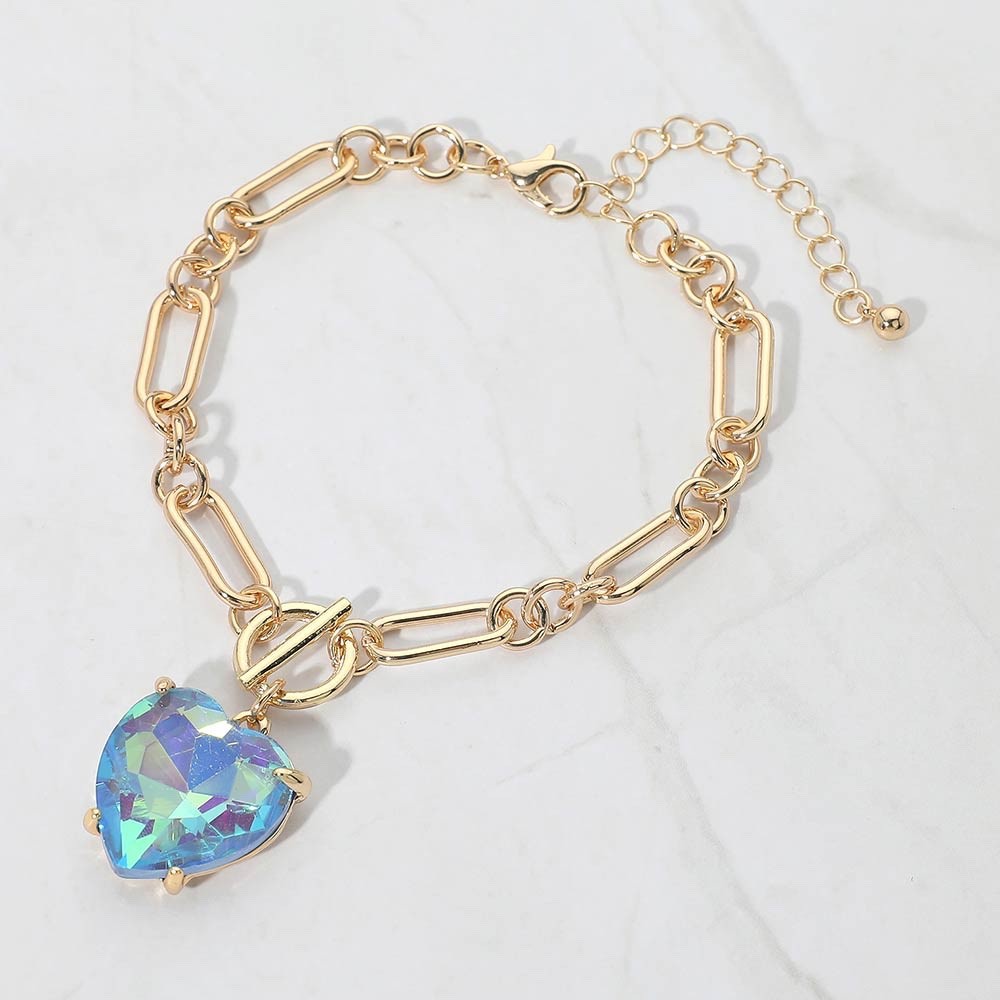 Gold Paperclip Chain Heart Charm Bracelet Iridescent Blue Crystal Jewelry Gift