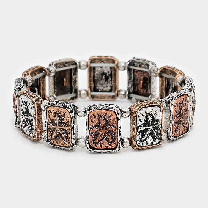 2 Pcs Metal Starfish Motifs Channel Set Stretchable Bracelet for Women Silver