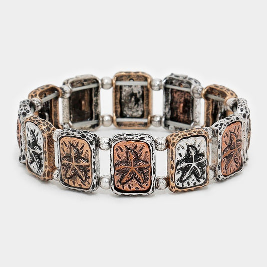 2 Pcs Metal Starfish Motifs Channel Set Stretchable Bracelet for Women Silver
