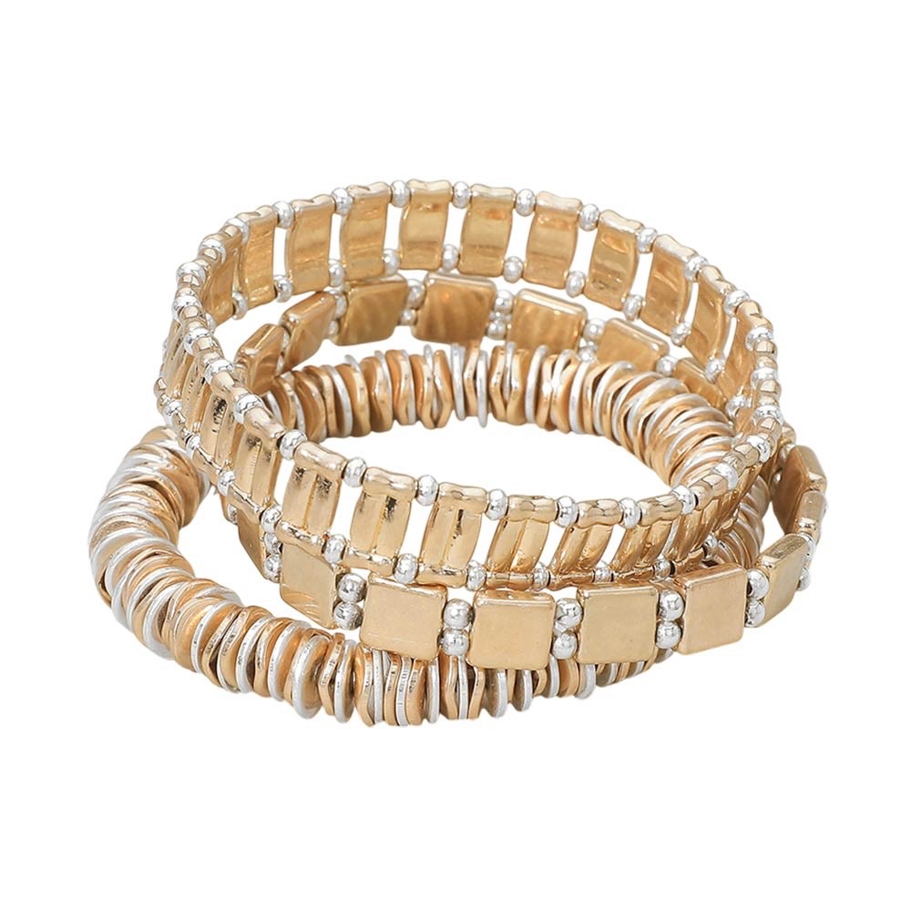 3pc Gold & Silver Mixed Metal Stretch Bracelet Set - Boho Stackable Jewelry