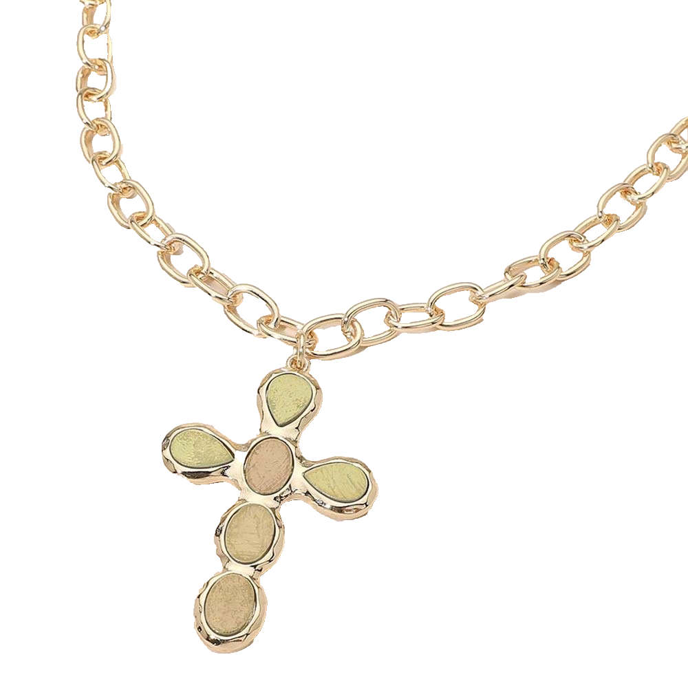 Gold Tonal Inlay Cross Pendant Chunky Link Necklace Western Boho Statement
