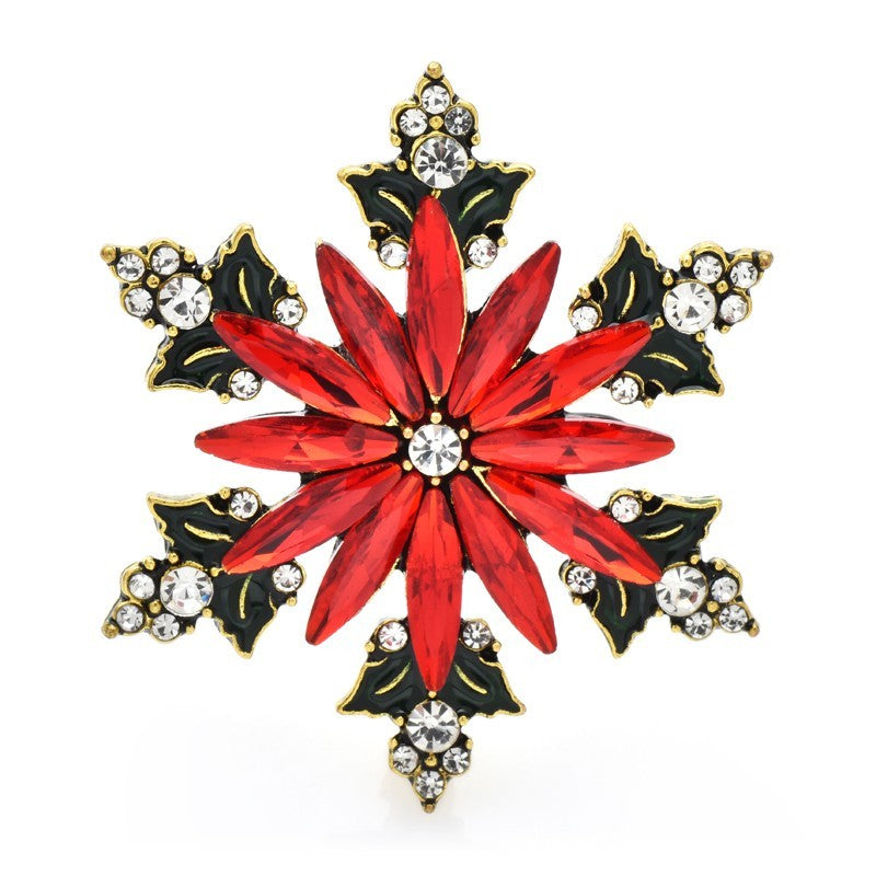 Poinsettia Snowflake Red Crystal Brooch Pin Holiday Jewelry Gift