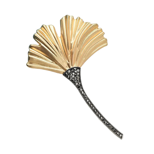 Vintage Style Gold Ginkgo Leaf Brooch Pin Dark Black Crystal Long Stem