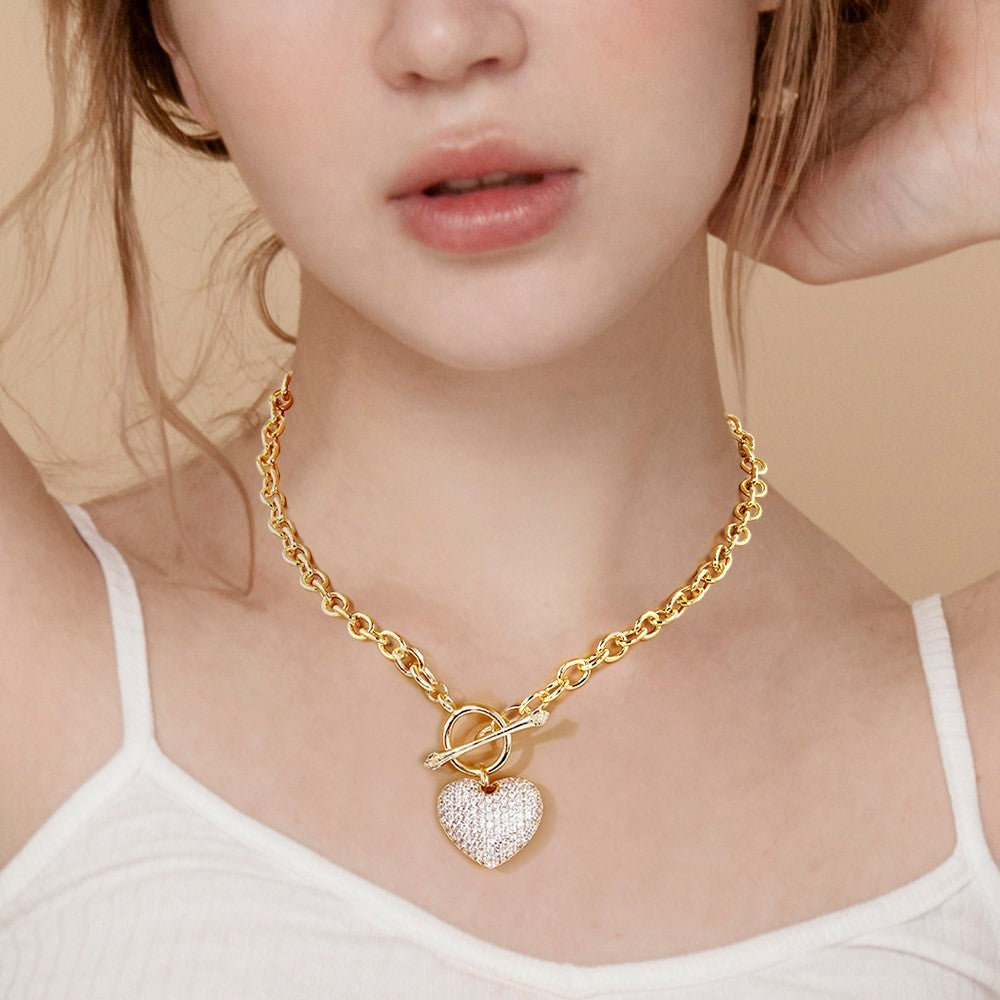 Gold Dipped CZ Pave Heart Pendant Toggle Necklace for Women Jewelry Pendants