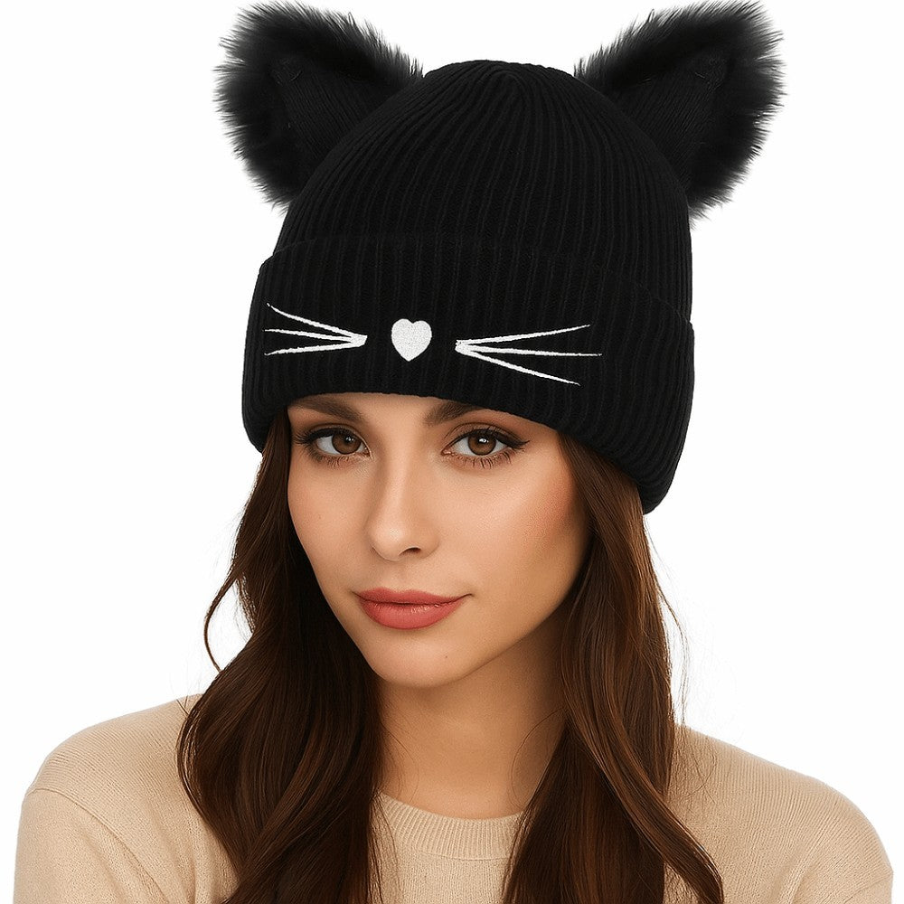 3pcs Women Cat Ear Beanie Hat Set Knit Skull Cap Winter Warm Faux Fur Pom Pom
