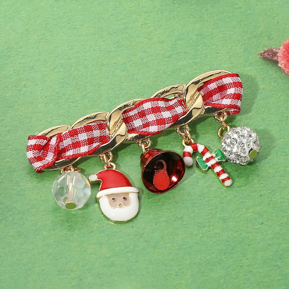 Santa Holiday Charm Brooch Pin Gold-Tone Christmas Ribbon Enamel Rhinestone