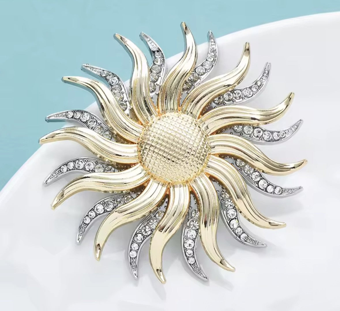 Gold & Silver Two-Tone Sunburst Brooch: Crystal Sunflower Pin for Women