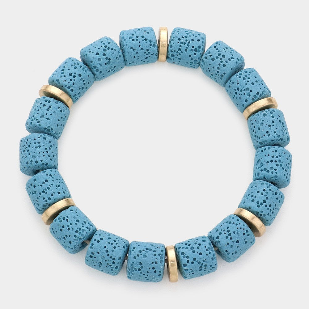 Blue Lava Stone Stretch Bracelet with Gold Spacer Beads Natural Beaded Jewelry