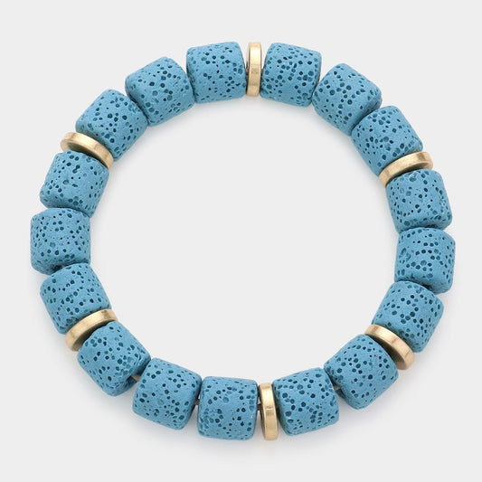 Blue Lava Stone Stretch Bracelet with Gold Spacer Beads Natural Beaded Jewelry