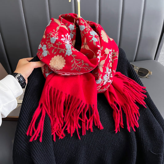 Red Floral Embroidered Fringed Shawl Cashmere Blend Winter Wrap Scarf Gift