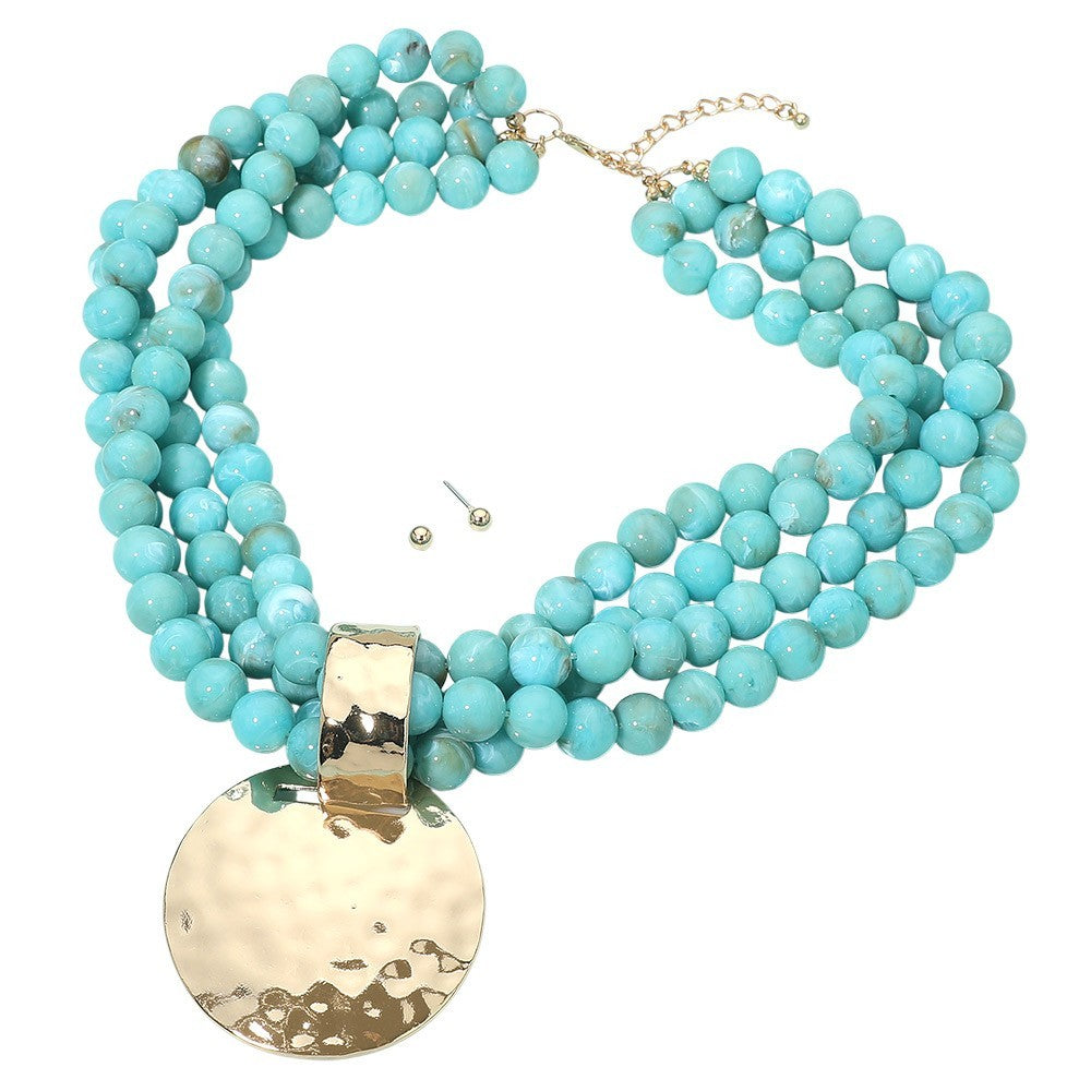 Multi Strand Turquoise Beaded Bold Hammered Disc Pendant Necklace with Earrings