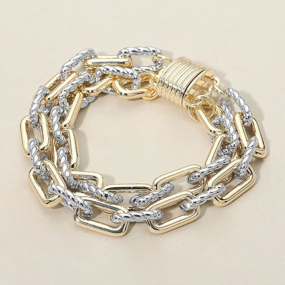 Two-Tone Mixed Metal Chunky Triple Row Link Bracelet with Magnetic Clasp