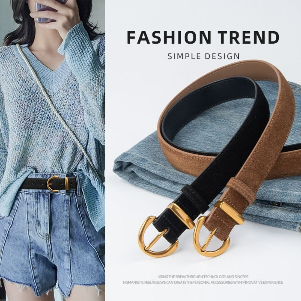 2pcs Women Suede Leather Belt Gold Horseshoe Buckle Set Black Brown 41in