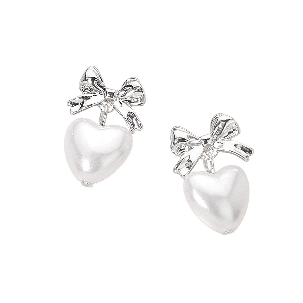Silver Bow Heart Pearl Drop Earrings - Coquette Style Romantic Dangle Studs