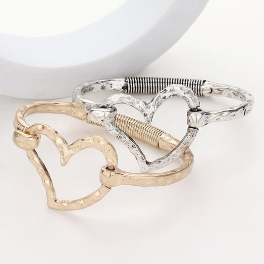 2PCS Hammered Metal Open Heart Hook Bangle Bracelet Set Gold Silver Tone