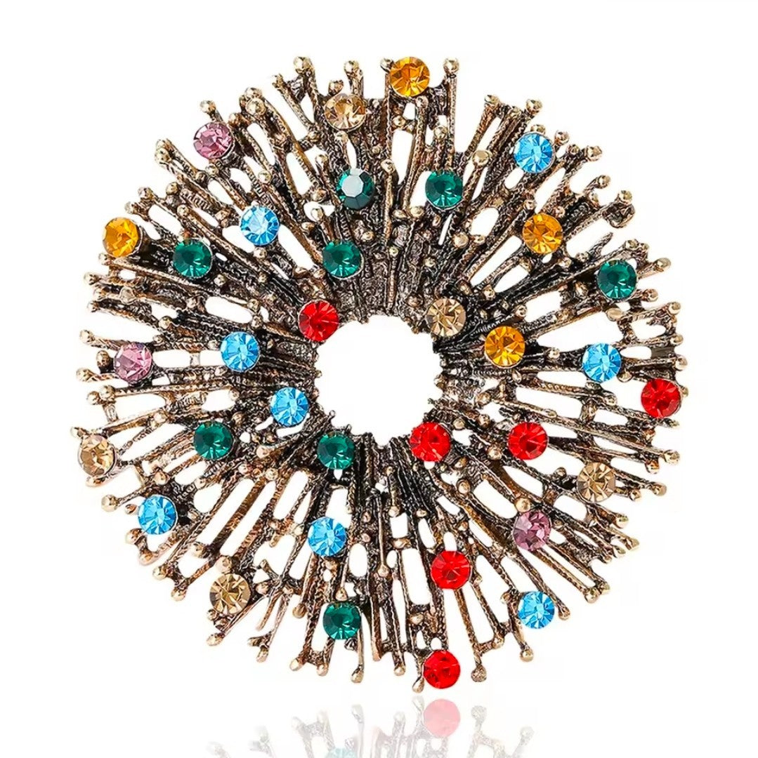 VINTAGE STYLE Starburst Abstract Brooch Pin Multi-Color Rhinestones Gold Tone