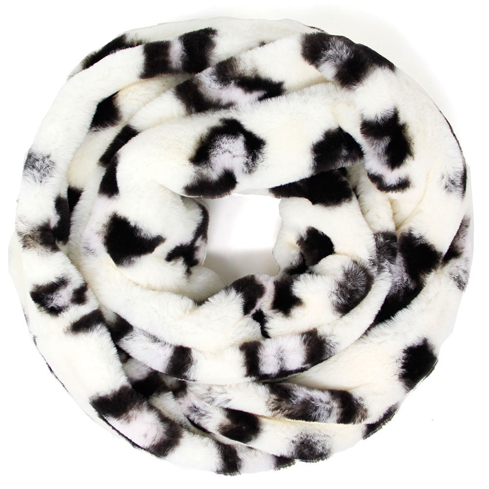 Faux Fur Infinity Scarf Ivory Leopard Print Winter Neck Warmer Soft Plush Cowl