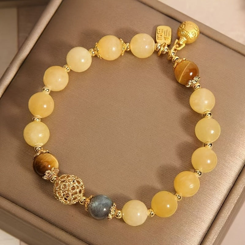 Yellow Jade Tiger Eye Beaded Bracelet Fu Good Fortune Charm 7.09in Gift