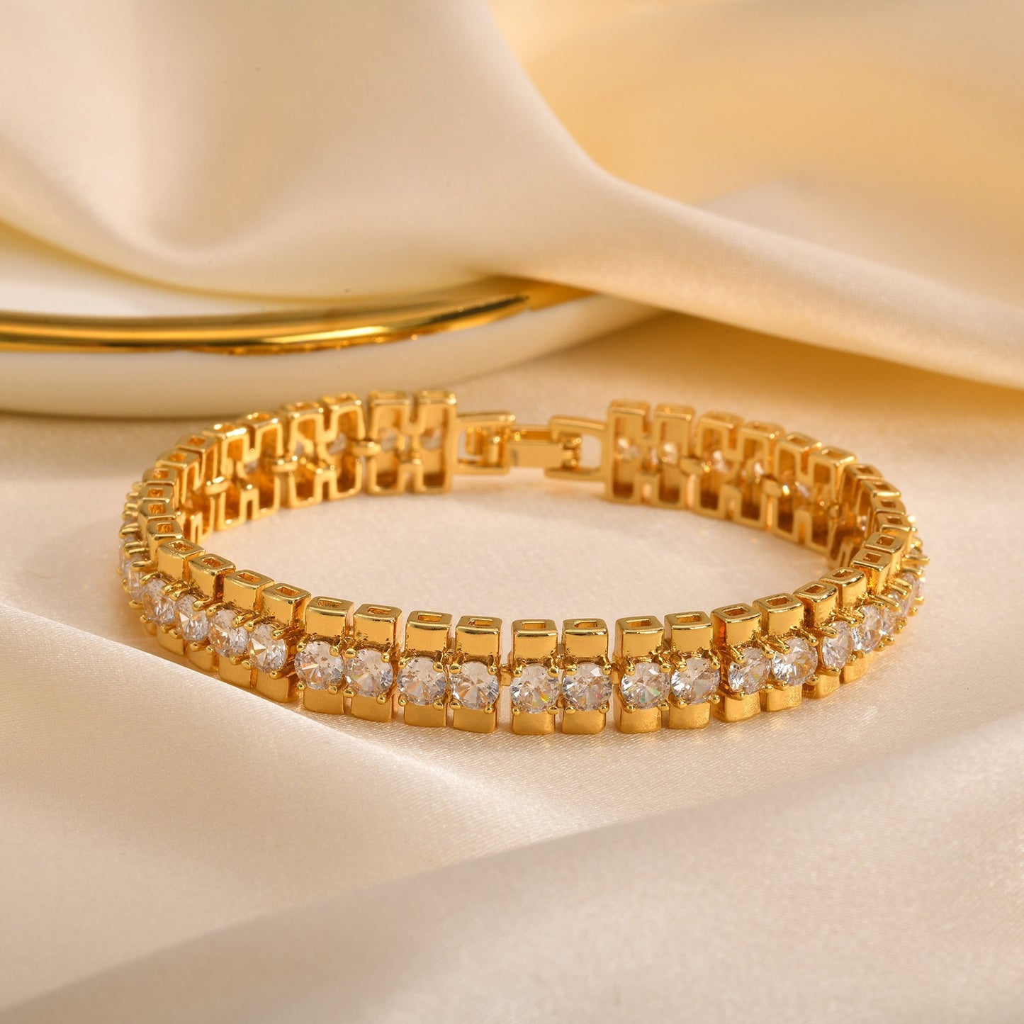 Gold Plated Rhinestone Tennis Bracelet Two Row CZ Crystal Bangle Women’s Fashion