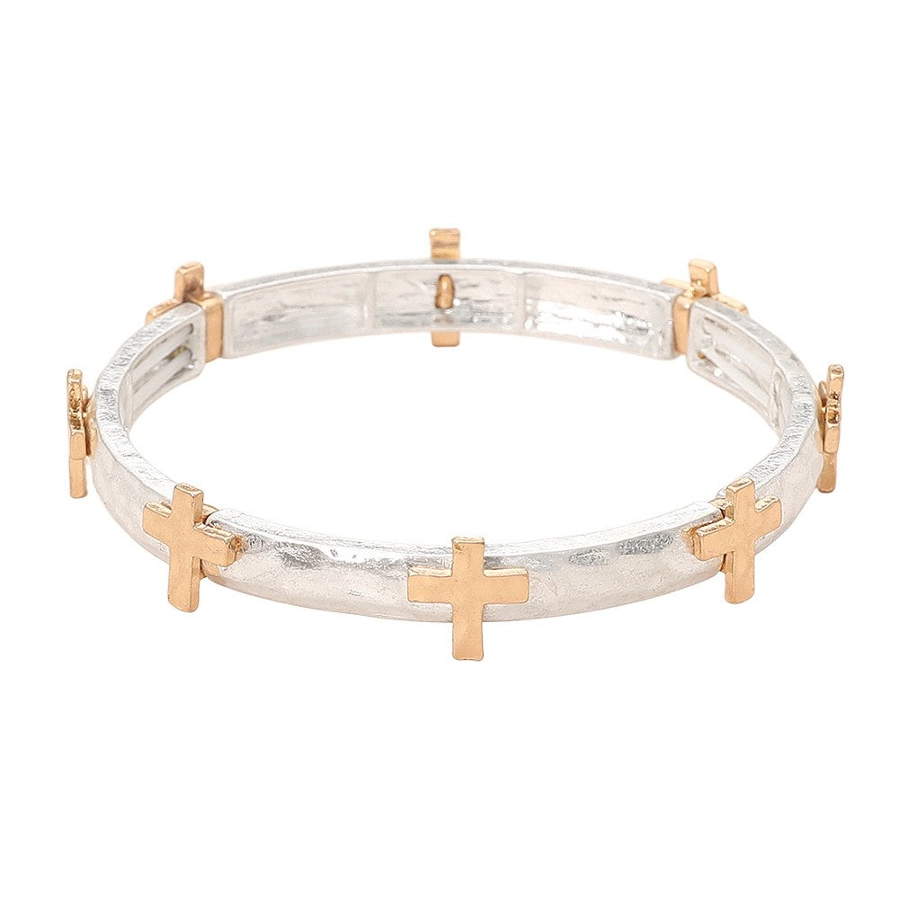 Silver and Gold Two-Tone Hammered Stretch Bangle with Cross Charms Religious