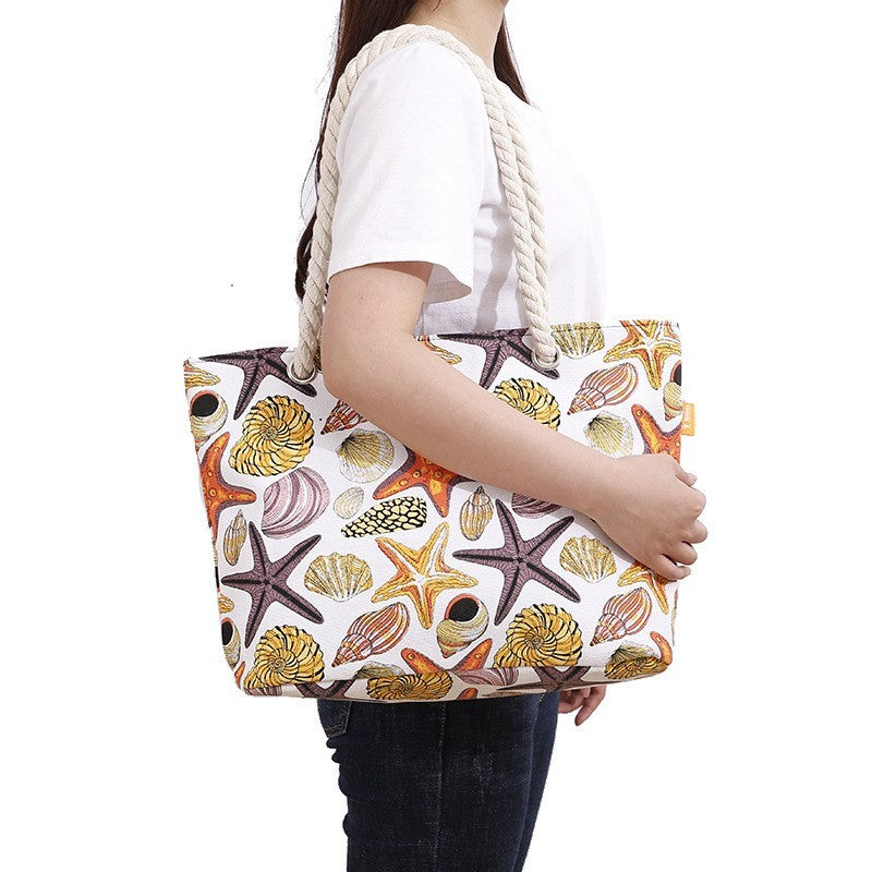 Canvas Starfish Print Tote Bag for Women Large Capacity Ocean Style Shoulder Bag