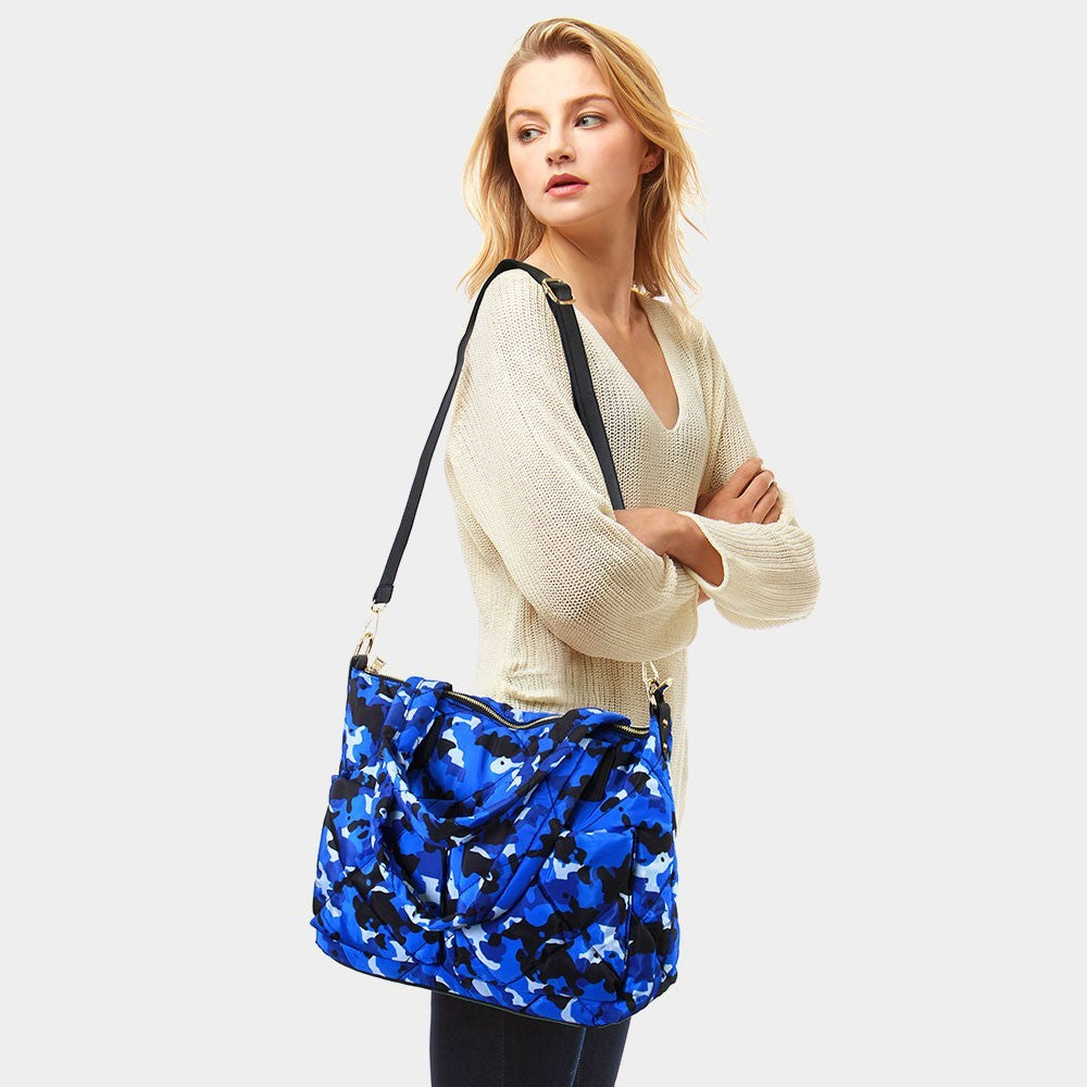 Camouflage Print Shoulder Bag in Blue with Magnetic Closures and Inner Pockets