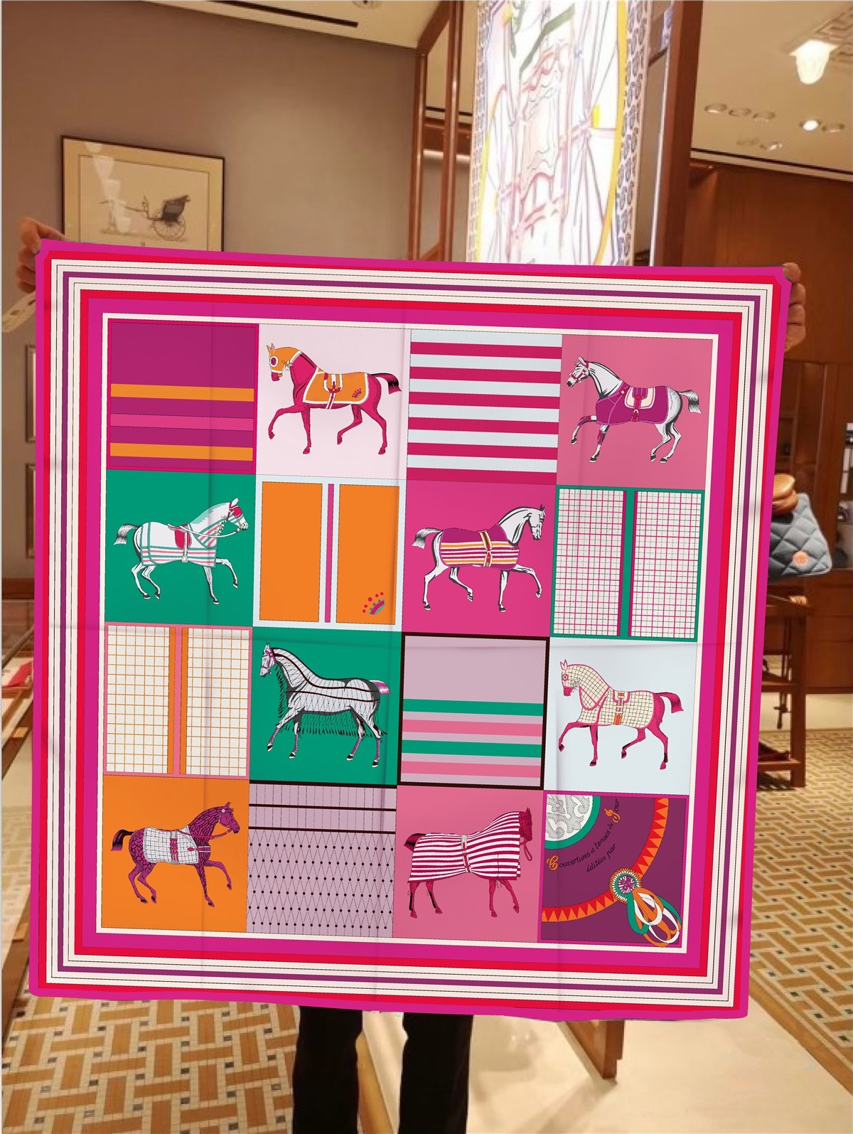 Equestrian Horse Print Scarf 90cm Pink Green Square Neck Head Wrap Bandana