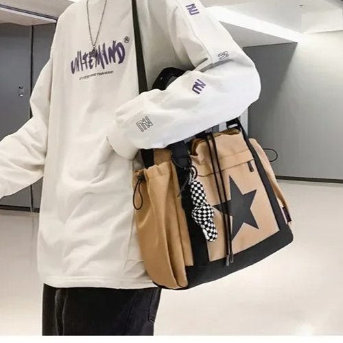 2-Pack Star Drawstring Tote Shoulder Bag Set Khaki Black White Crossbody Bags